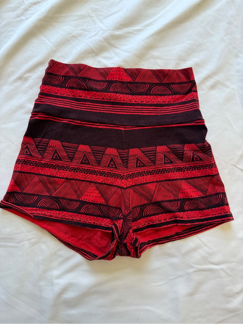 American Apparel Red and Black Aztec High-Waist Hot Pants